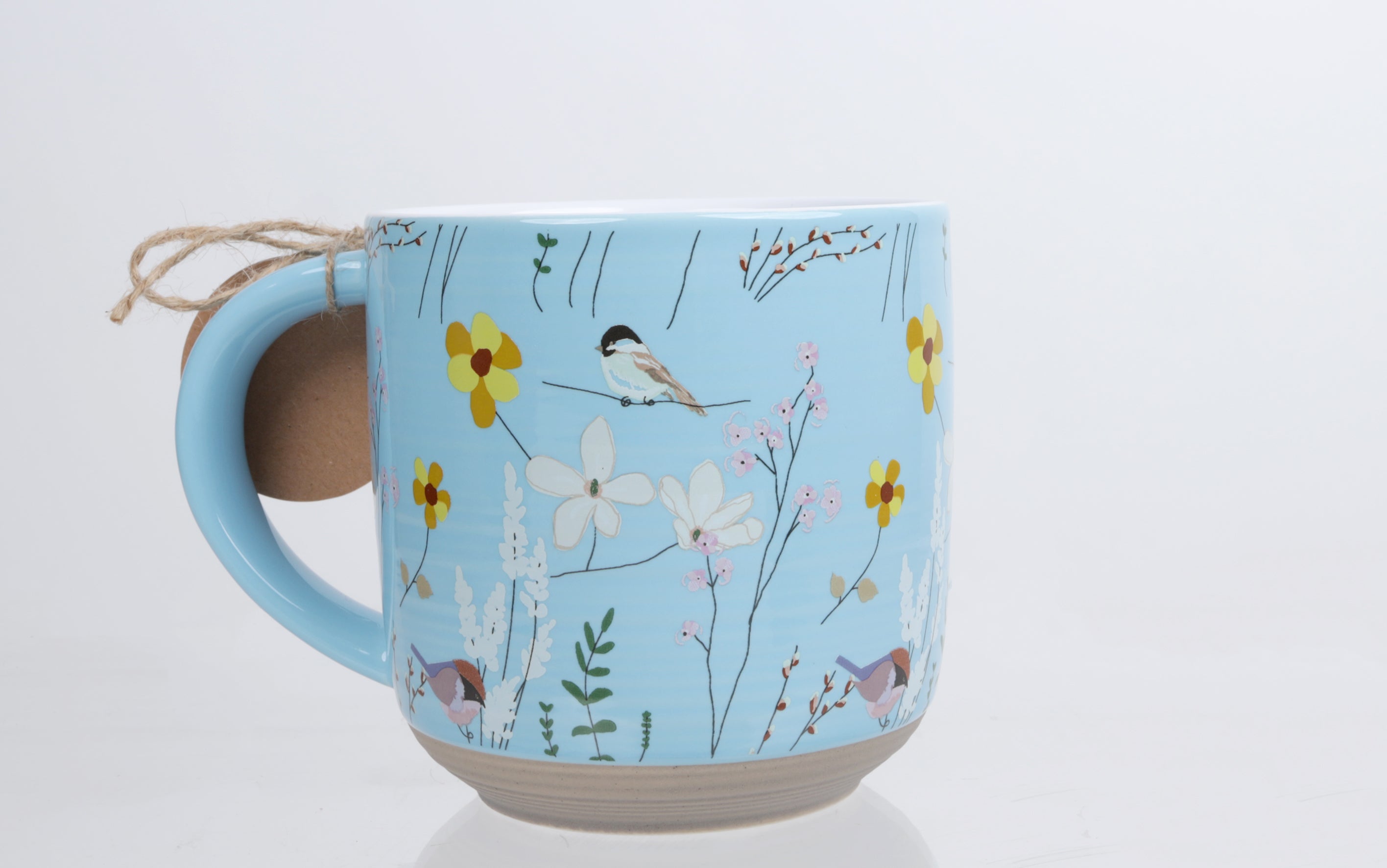 Ceramic Mug (532ml): Spring Garden, Sweet Friend (proverbs 27:9) light blue flowers/birds
