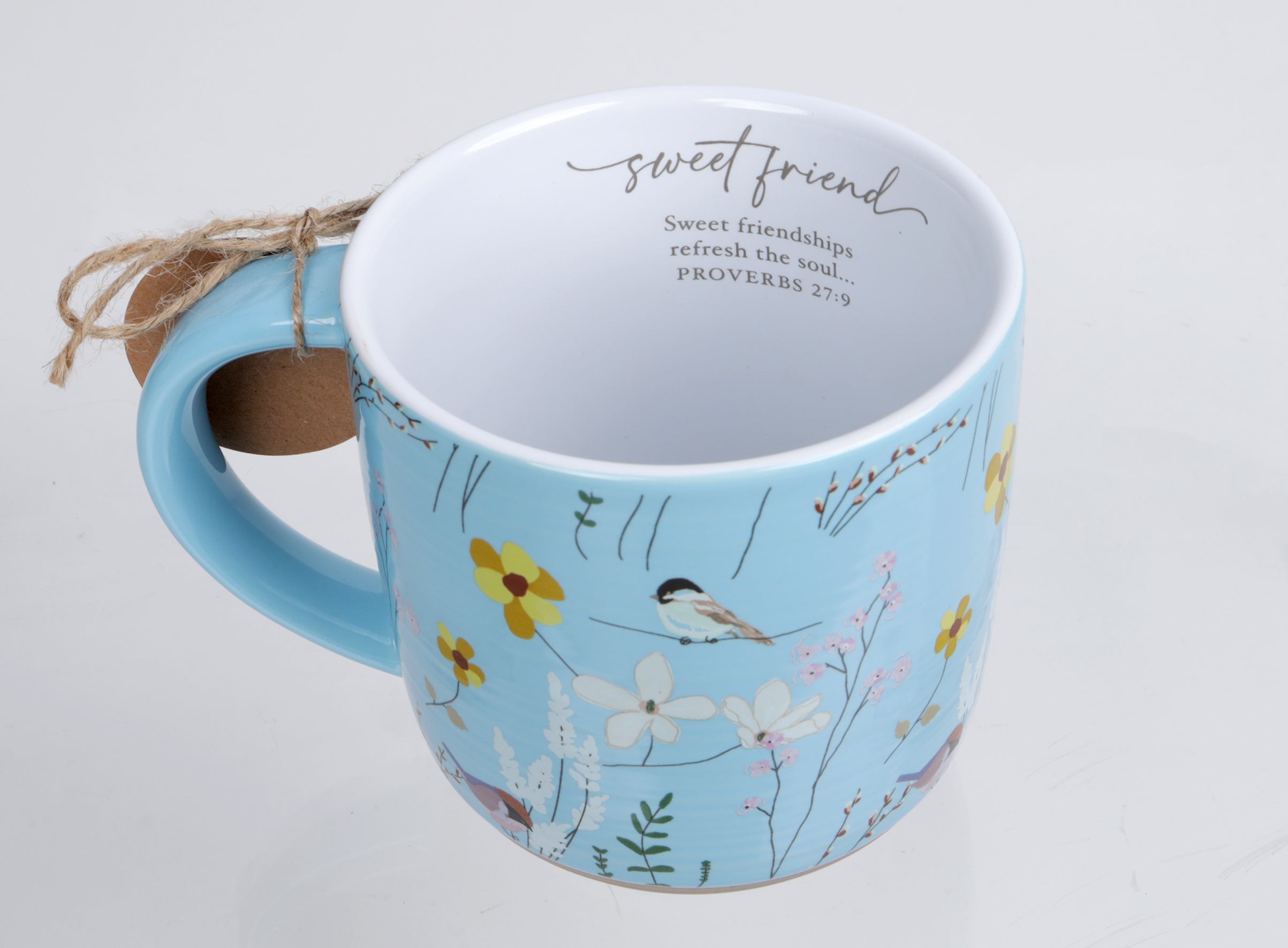 Ceramic Mug (532ml): Spring Garden, Sweet Friend (proverbs 27:9) light blue flowers/birds