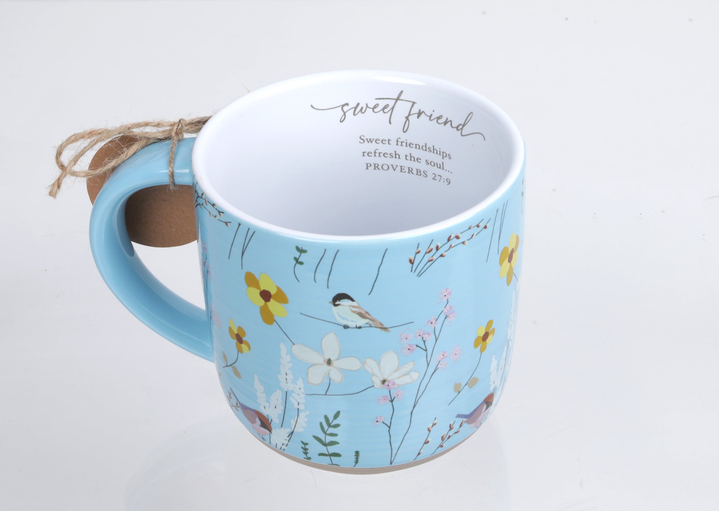 Ceramic Mug (532ml): Spring Garden, Sweet Friend (proverbs 27:9) light blue flowers/birds