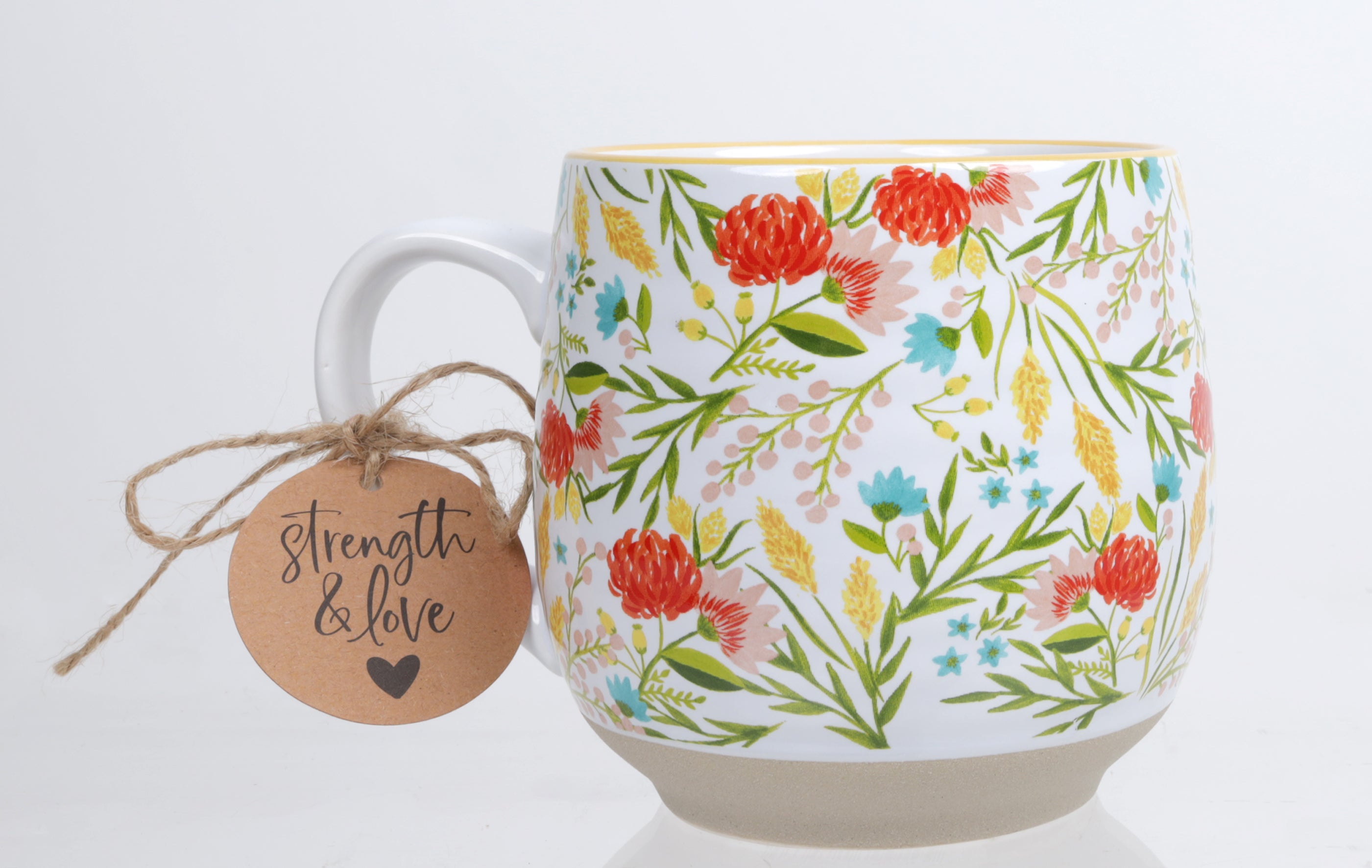 Ceramic Mug (532ml): God Will Make a Way (Ex. 14:13-14, Ps. 77:14,, 145:13, Heb. 1:23, John 8:12, 12:46) Floral, Yellow Rim (Blooming Joy)
