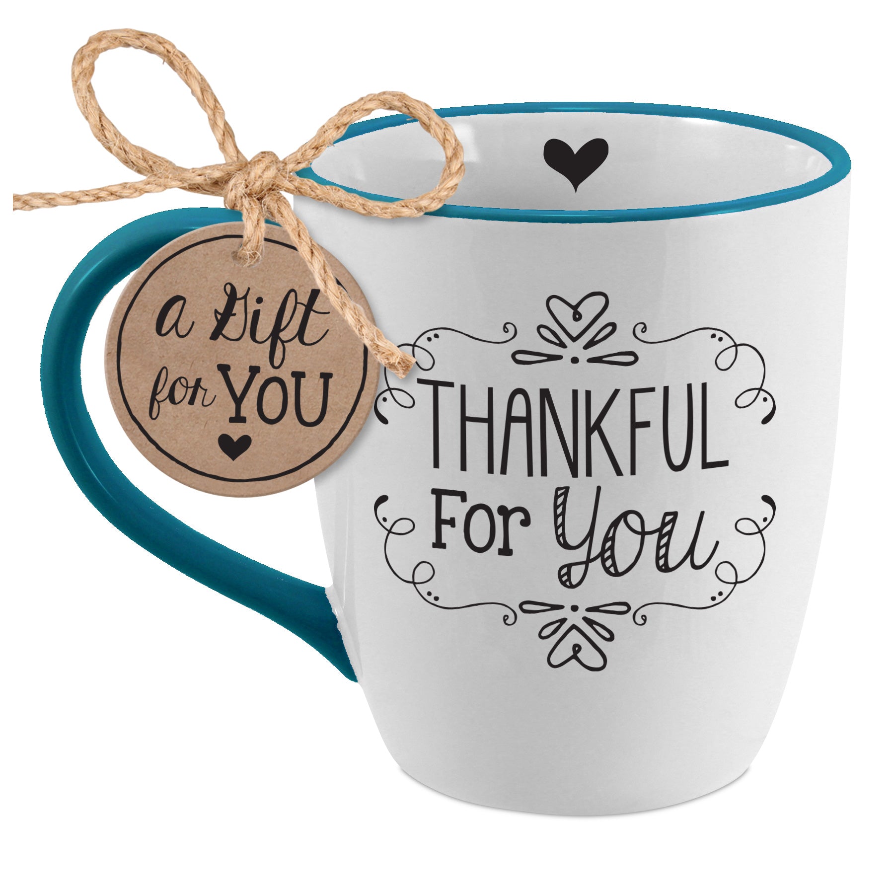 Ceramic Mug: Thankful For You (Numbers 6:24-25), Teal Handle and Rim, Heart on Interior Rim (591 Ml)