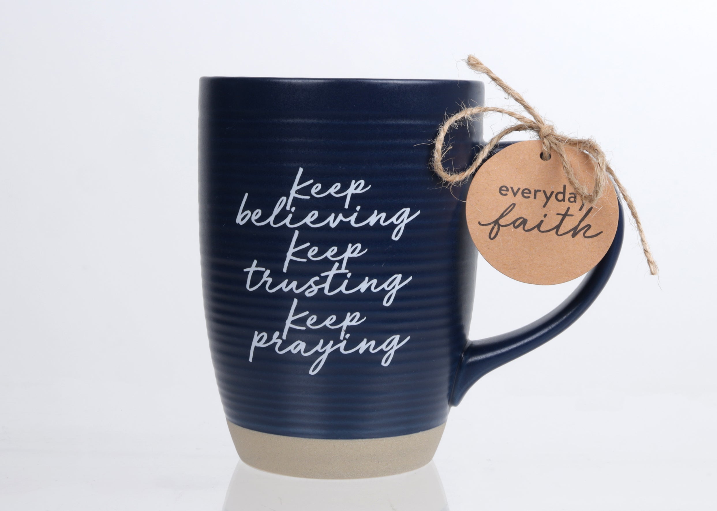 Ceramic Mug (473ml): Keep Believing (Psalm 223:7) Navy, Raw Bottom, Satin Texture (Everyday Reminder)