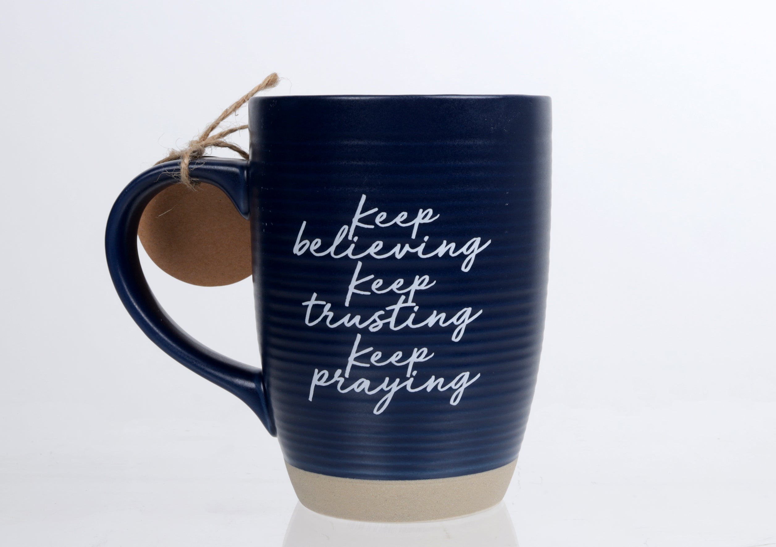 Ceramic Mug (473ml): Keep Believing (Psalm 223:7) Navy, Raw Bottom, Satin Texture (Everyday Reminder)
