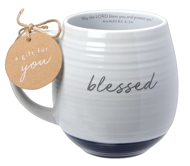 Ceramic Mug: Blessed (Numbers 6:24) White Texture, Navy Bottom (473ml)