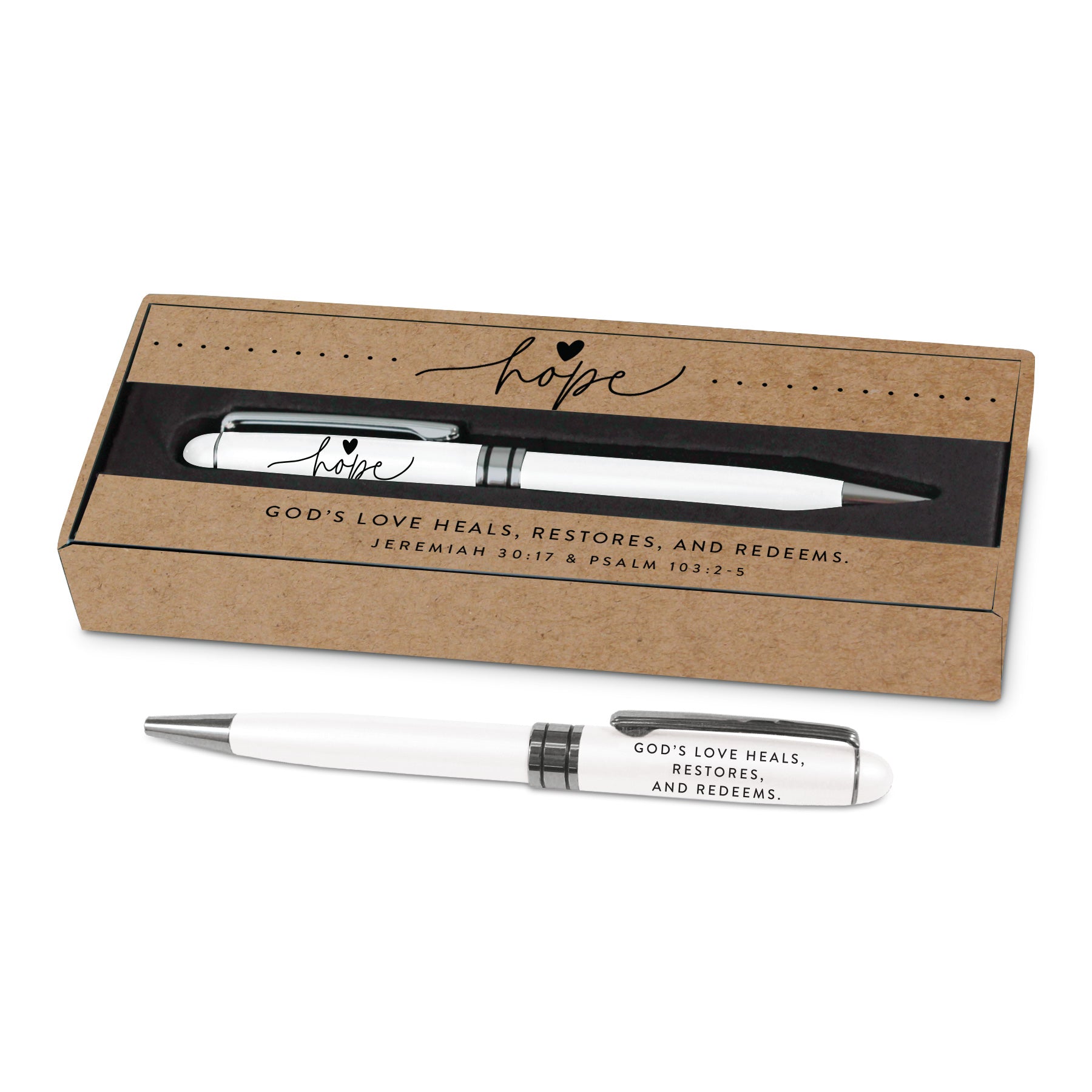 Metal Pen: God's Love White (Jer. 30:14, Psalm 103: 2-5)