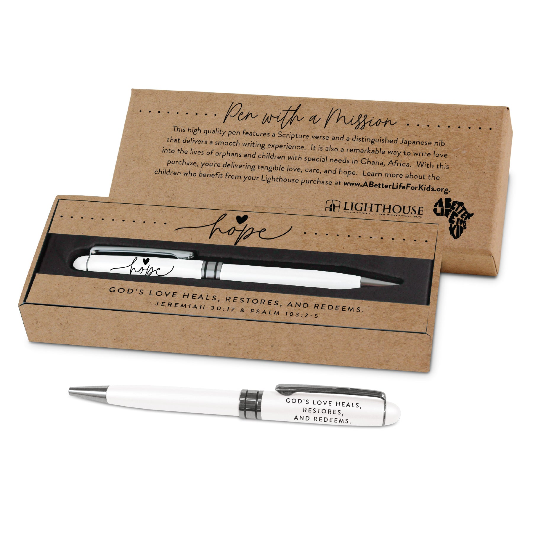 Metal Pen: God's Love White (Jer. 30:14, Psalm 103: 2-5)