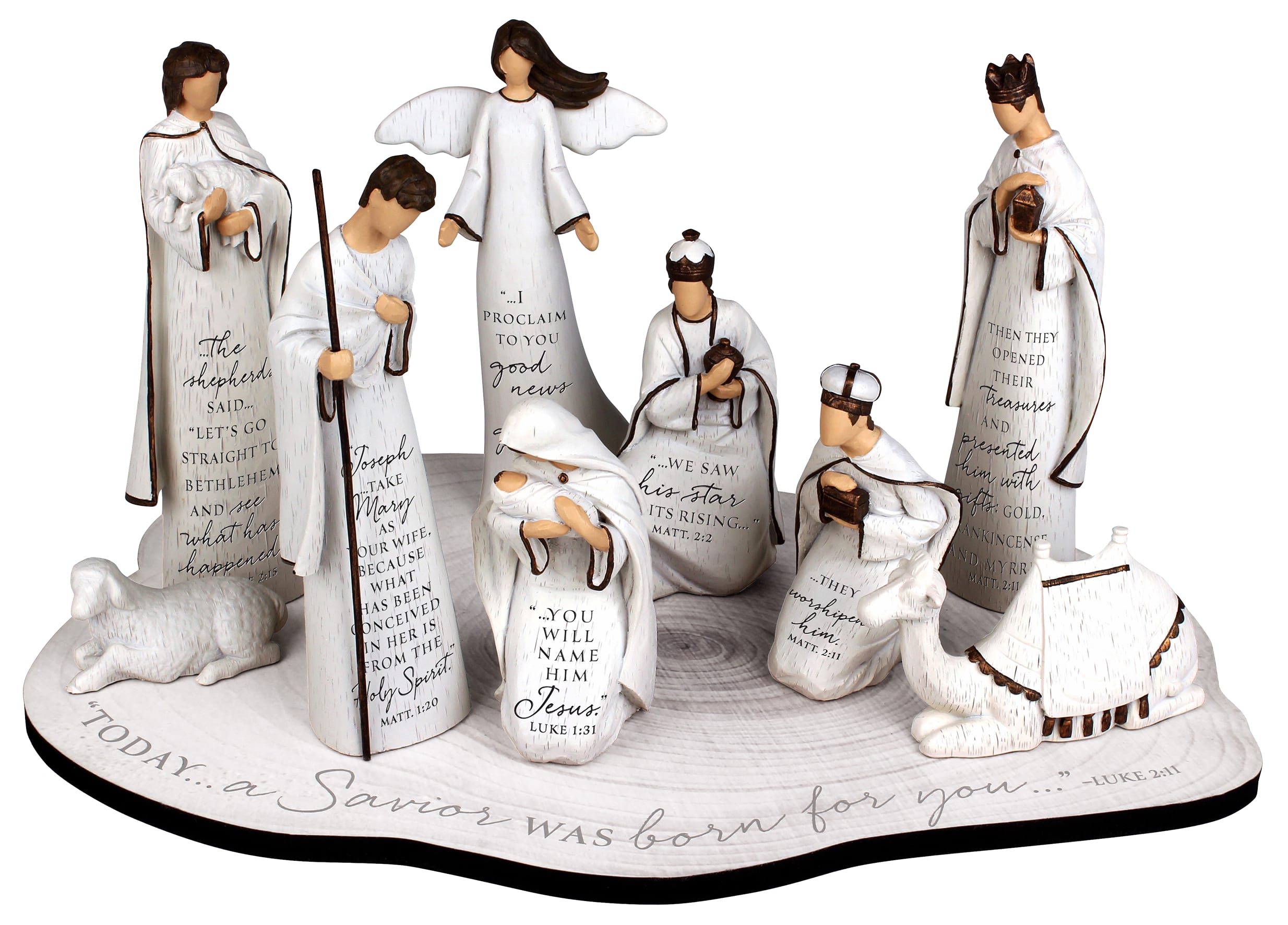 Nativity With Base, 8 Pieces: A Savior is Born, Scripture on Each Piece (Tallest Piece Is 184 Mm, Base Is 374 X 238 Mm)