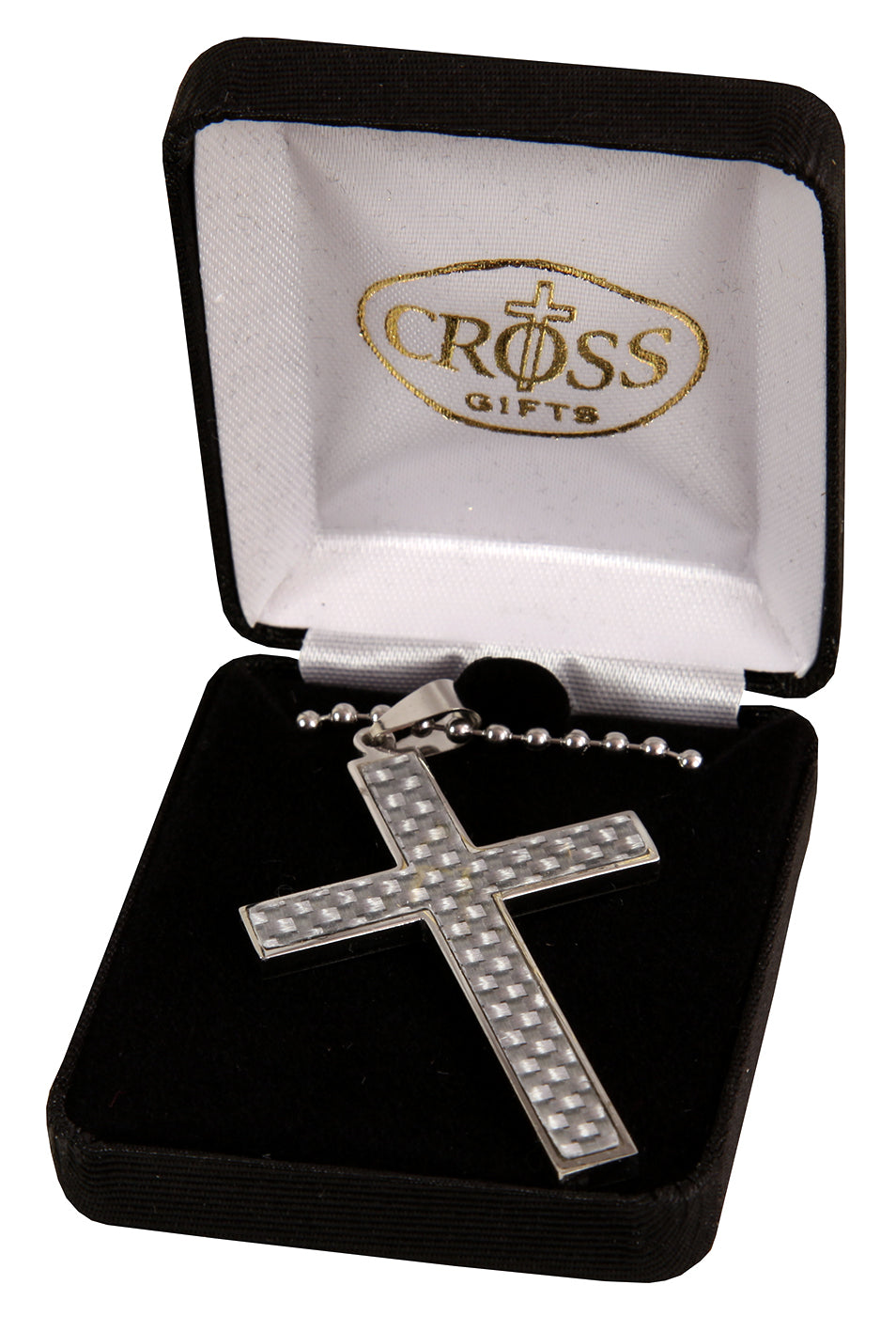 Necklace: Stainless Box Cross With Carbon Fibercenter on 60Cm Steel Chain
