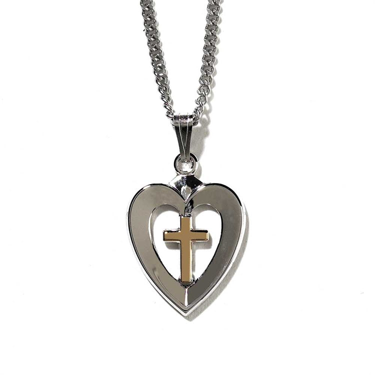 Necklace: Silver Plated Heart With Gold Plated Cross on 45Cm Silver Plated Chain