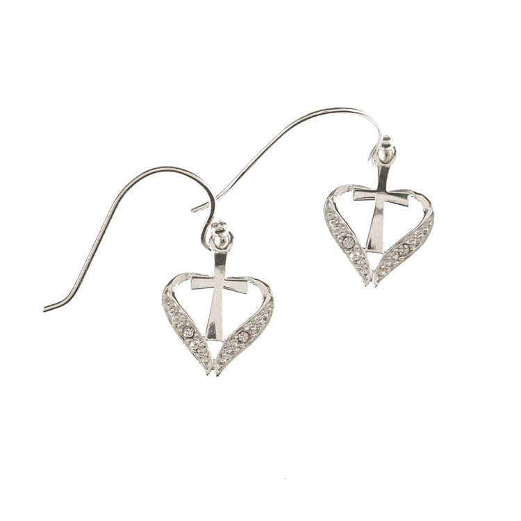 Earrings: Silver Plated Open Heart Cross Earrings With Sterling Silver Wires