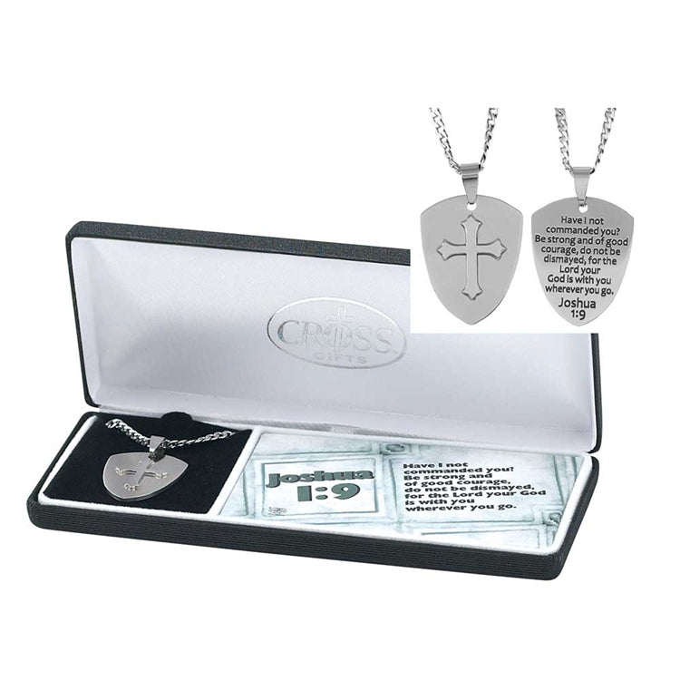 Stainless Steel Necklace: Joshua 1:9 Shield With Cross