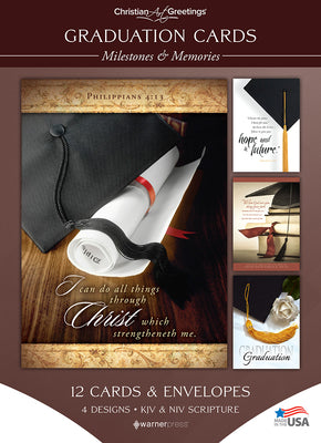 Boxed Cards Graduation: Milestones & Memories, NIV/KJV (12 cards/envelops, 3 each of 4 designs)