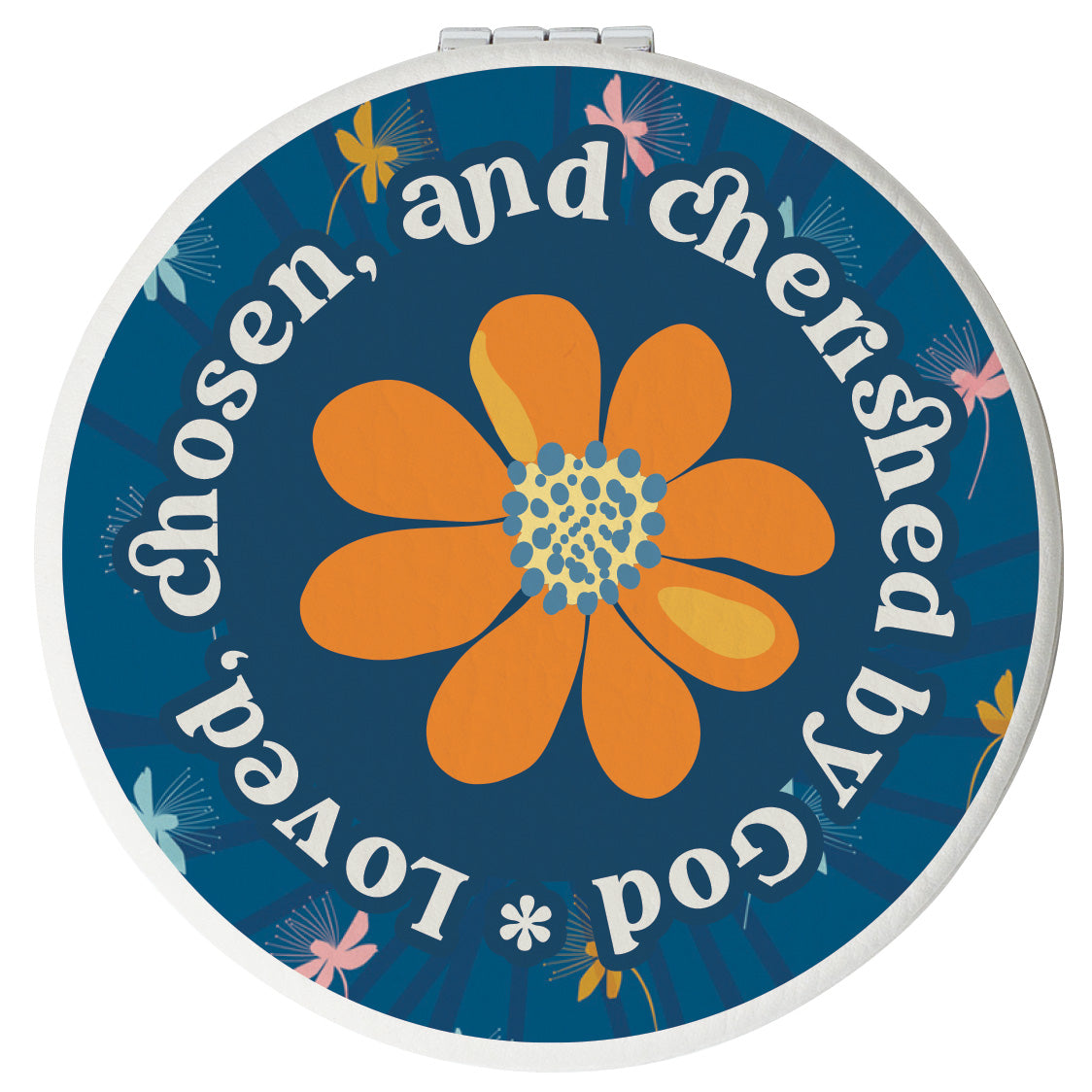 Compact Mirror: Loved, Chosen & Cherished By God, Blue/Orange Flower, Leatherette
