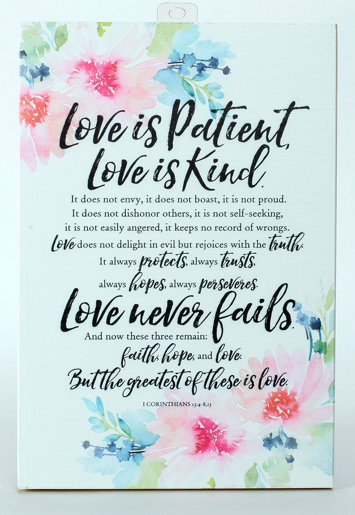 Woodland Grace Plaque: Love is Patient, Love is Kind... White/Pink Floral
