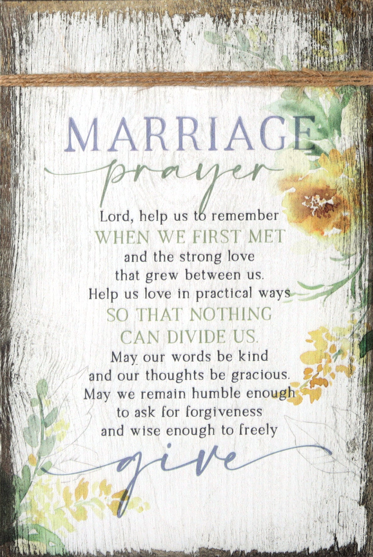 Timeless Twine Accented Plaque: Marriage Prayer, Mdf With Natural Edge