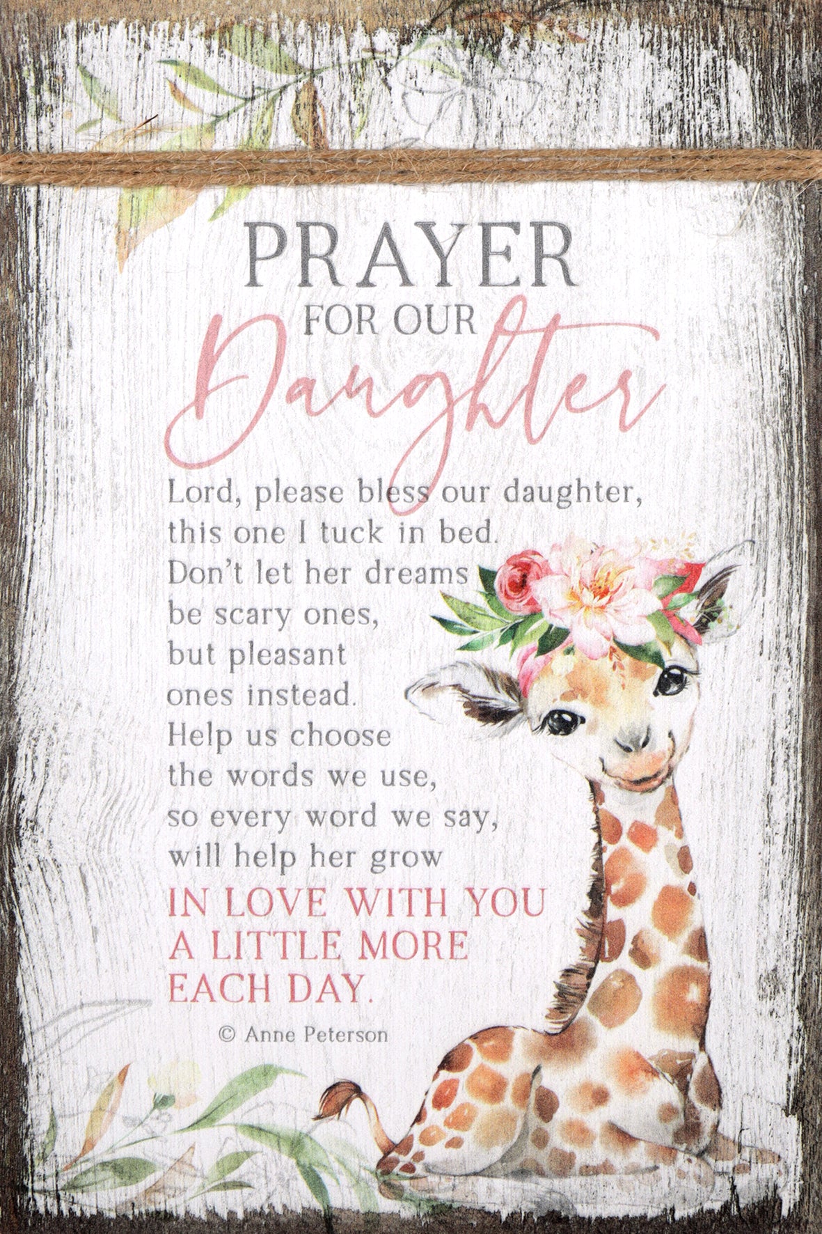 Timeless Twine Accented Plaque: Prayer For Our Daughter, Giraffe, Mdf With Natural Edge