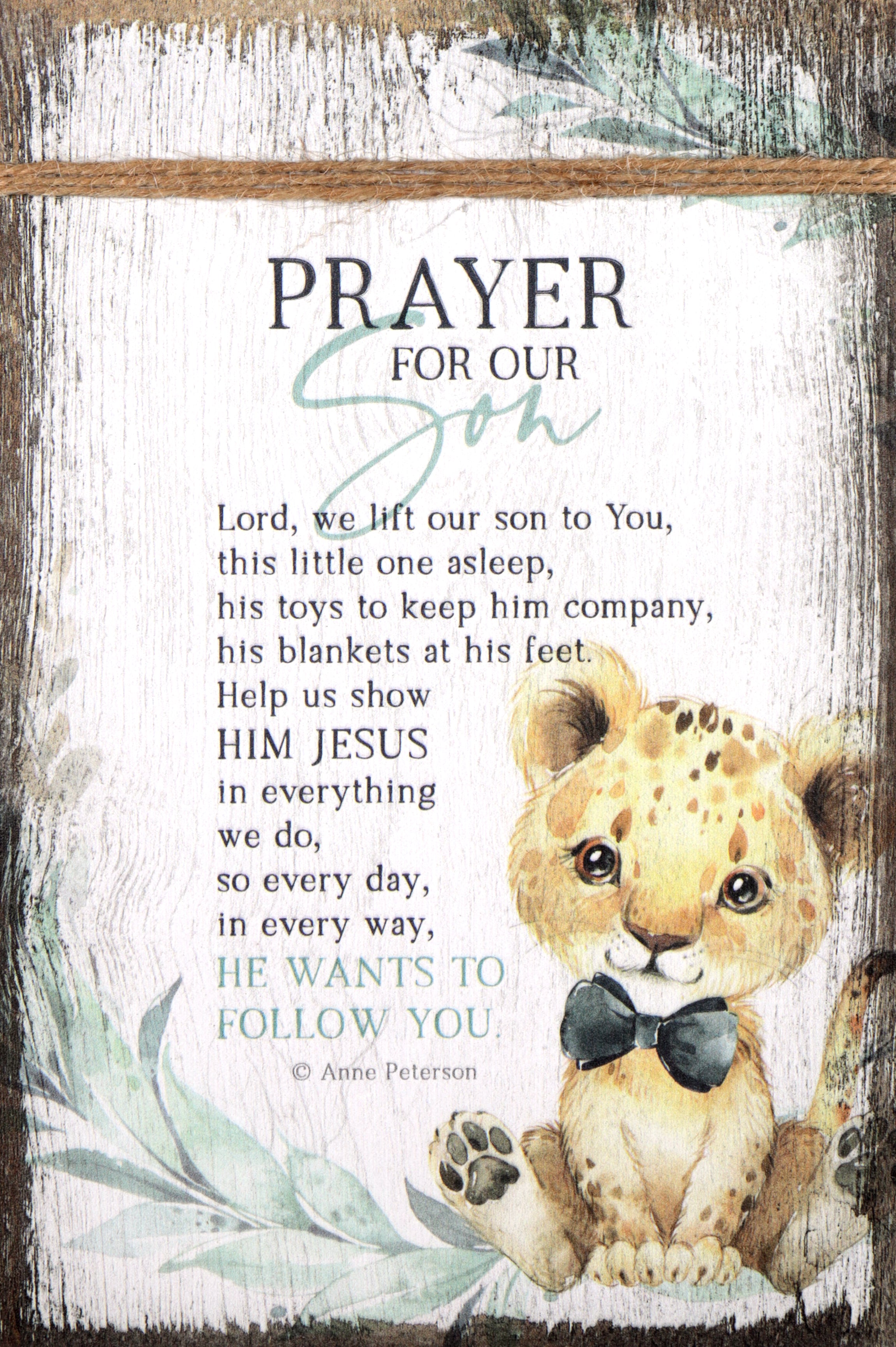 Timeless Twine Accented Plaque: Prayer For Our Son, Baby Cartoon Leopard, Mdf With Natural Edge