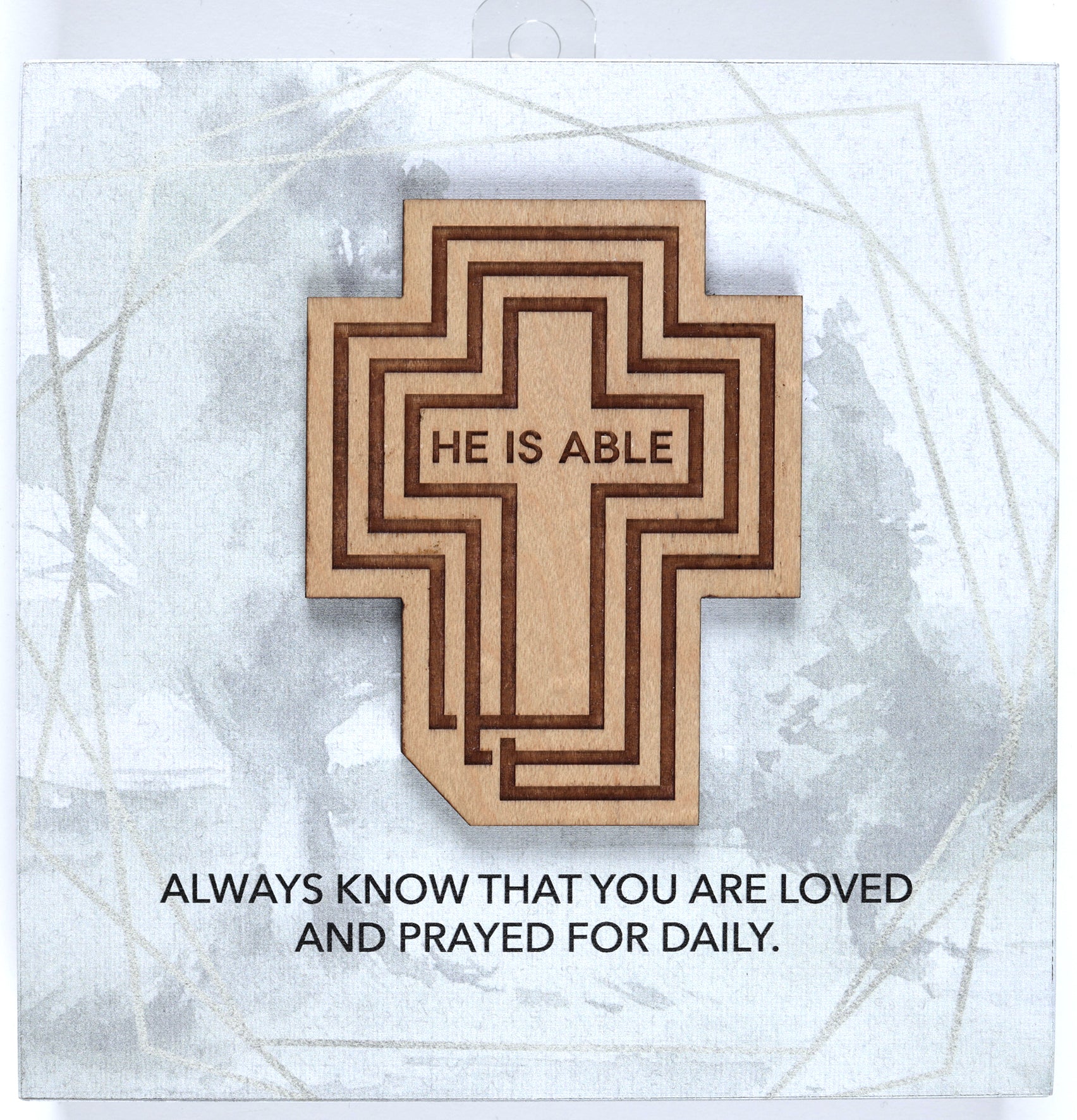 Meadowwood Plaque: He is Able, Laser Engraved Wood Cross Mounted on Mdf Base With Silver Edge
