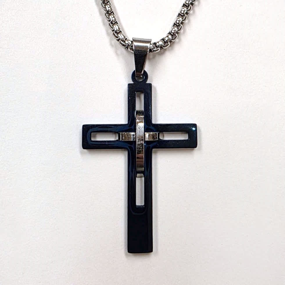 Just For Him Necklace: Cross, Blue/Silver Stainless Steel, 61Cm