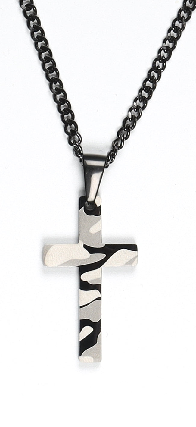 Just For Him Necklace: Cross, Black/White Camo Enamel Front, Black Back, 61Cm