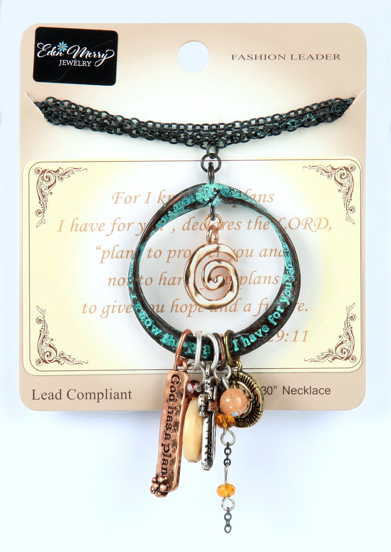 Necklace: Multiple Pendants on Circle, For I Know the Plans... , 76Cm in Length, Zinc Based, Copper Overlay (Jer 29:11)