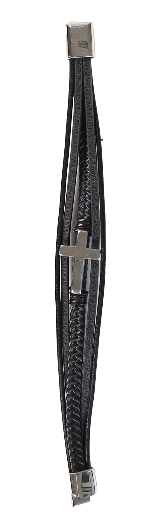 Just For Him Leather Bracelet: Cross, Silver, Stainless Steel With Magnetic Clasp