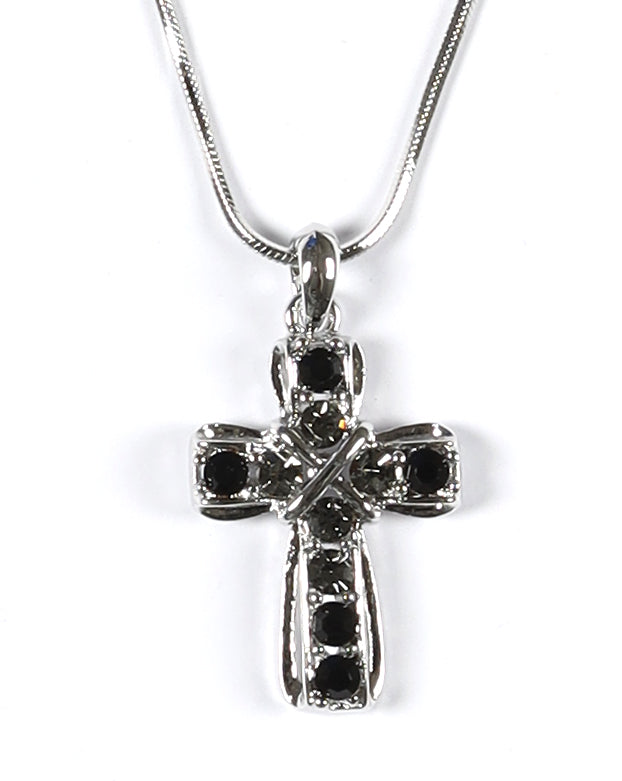 Pendant Necklace: Cross, Black/Silver, 45 Cm, With Austrian Crystals