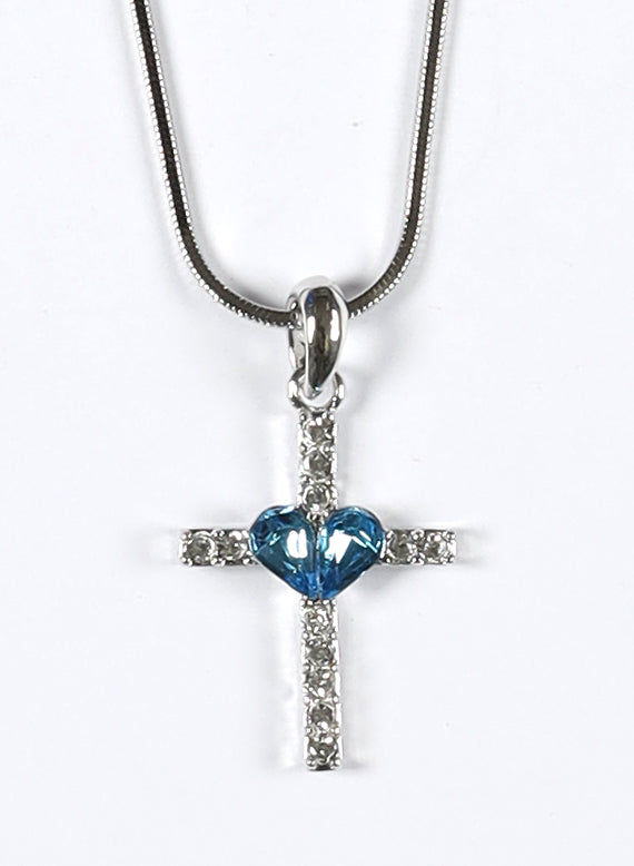 Pendant Necklace: Cross, 45 Cm, Blue Heart With Austrian Crystals