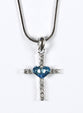 Pendant Necklace: Cross, 45 Cm, Blue Heart With Austrian Crystals