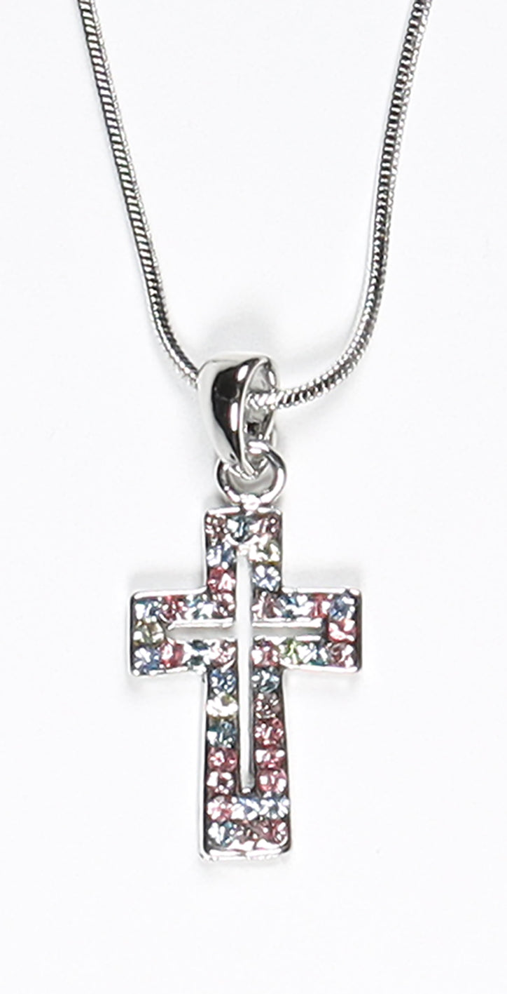 Pendant Necklace: Cross, 45 Cm, Multicolour With Austrian Crystals