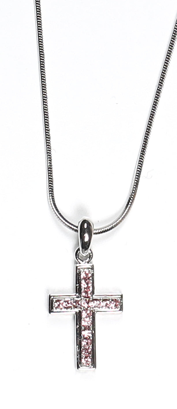 Pendant Necklace: Cross, 45 Cm, Pink With Austrian Crystals