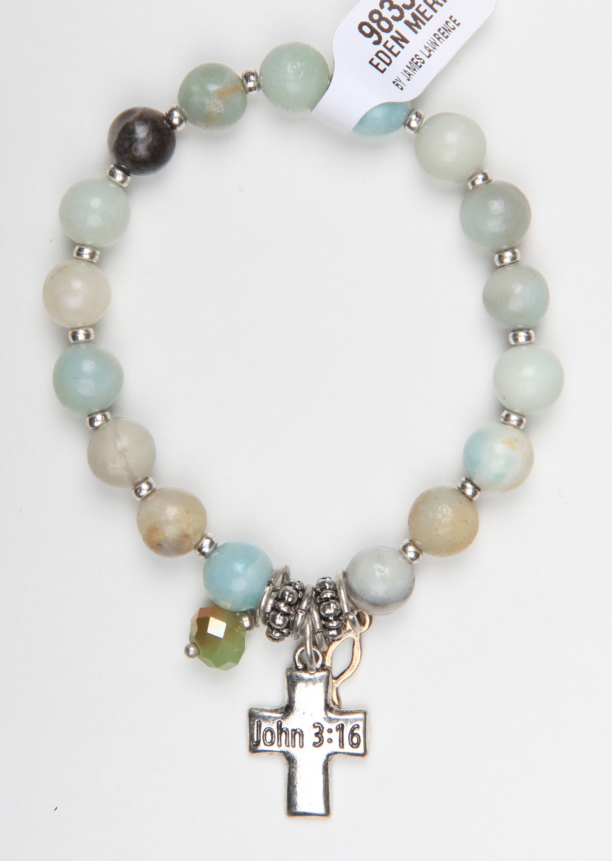 Story Bracelet: Stretchable, Semi-Precious Stones With Cross and Icthus, 20Cm,