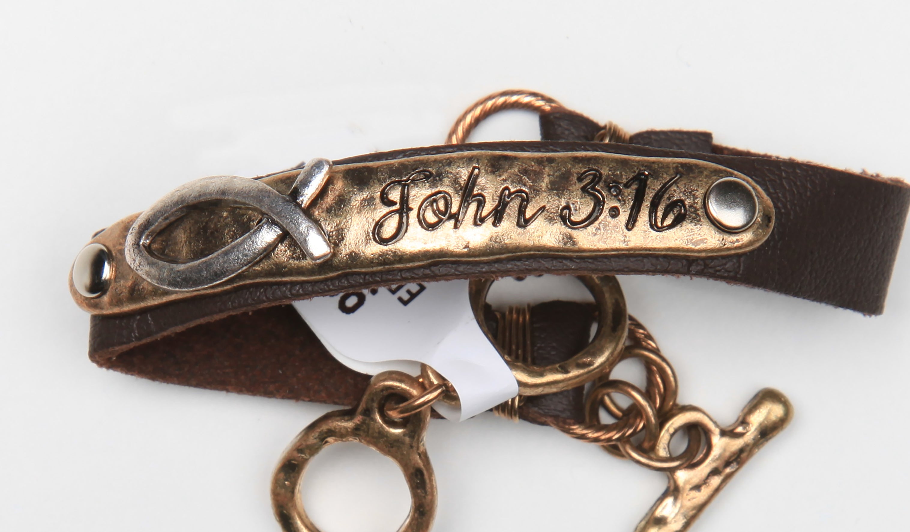 Leather Bracelet: Inspirational Metal Accent, John 3:16, 20Cm, Adjustable Bar & Ring Closure