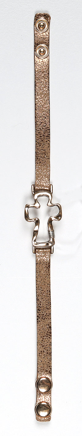 Leather Bracelet: Cross, Snap Closure, Brass Overlay