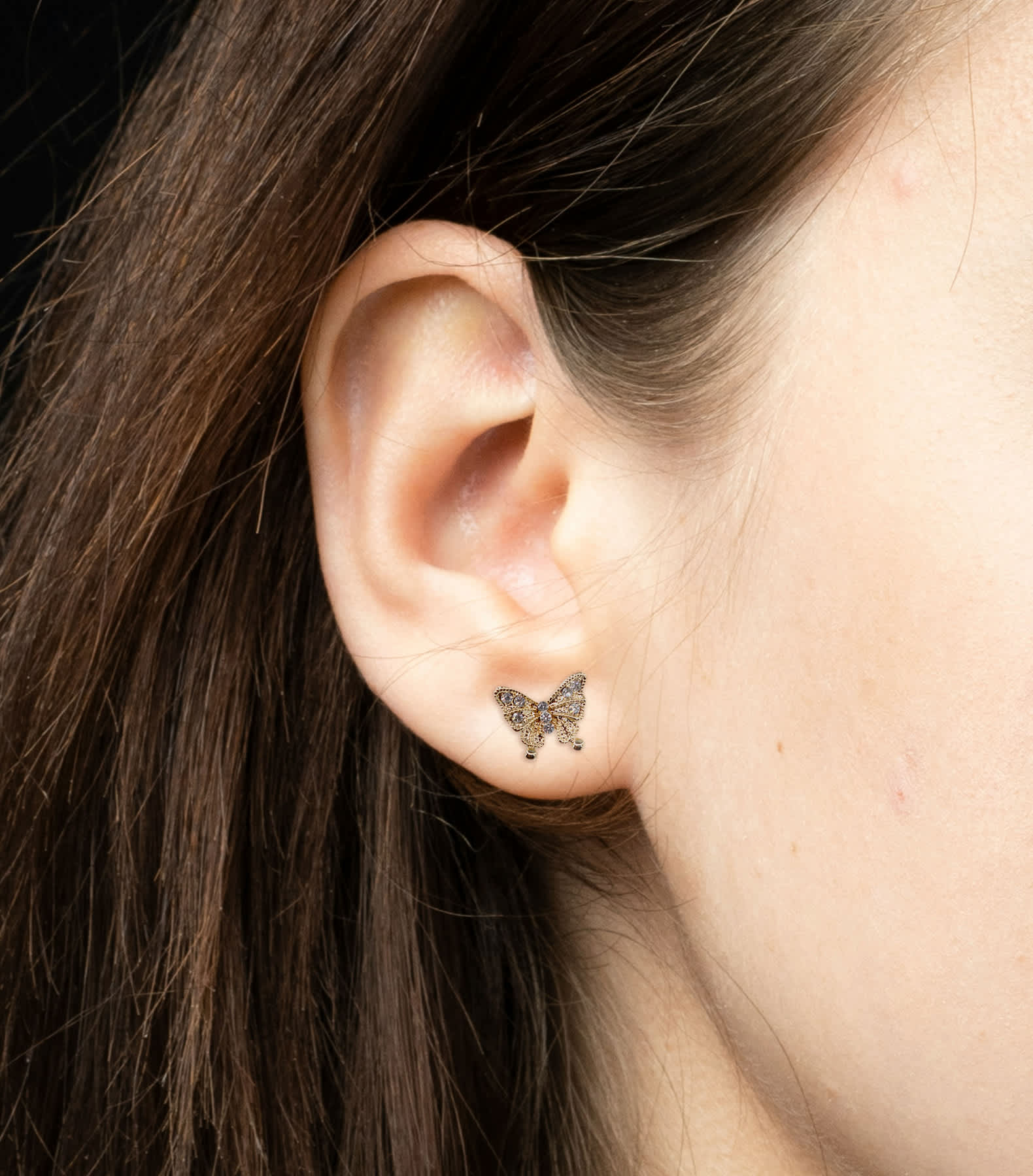 Earrings: Gold Butterfly (Bass Base with Rhodium Plating, Austrian Crystal Accents, Post Back)