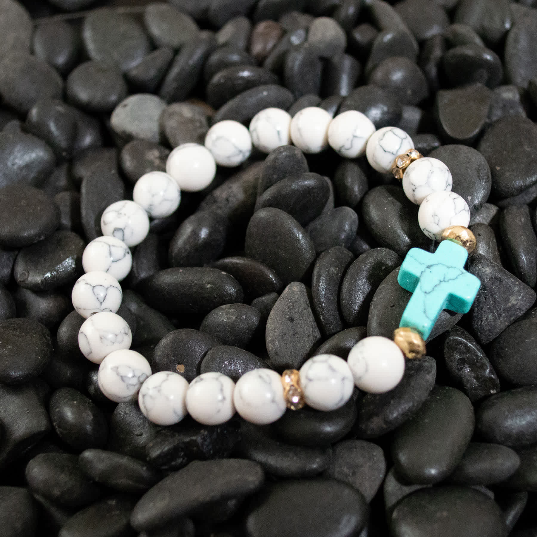 Story Stretch Bracelet: Blue Cross, Semi-Precious White Stone Beads With 18K Gold Plated Accents