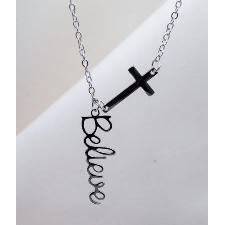 Scripted Necklace, Stainless Steel: Silver Believe With Cross, 51Cm Chain