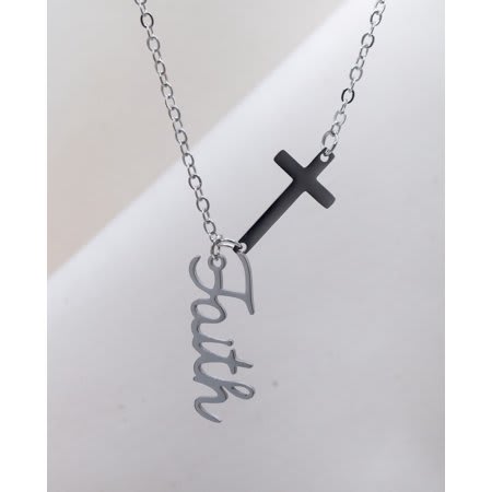 Scripted Necklace, Stainless Steel: Silver Faith With Cross, 51Cm Chain