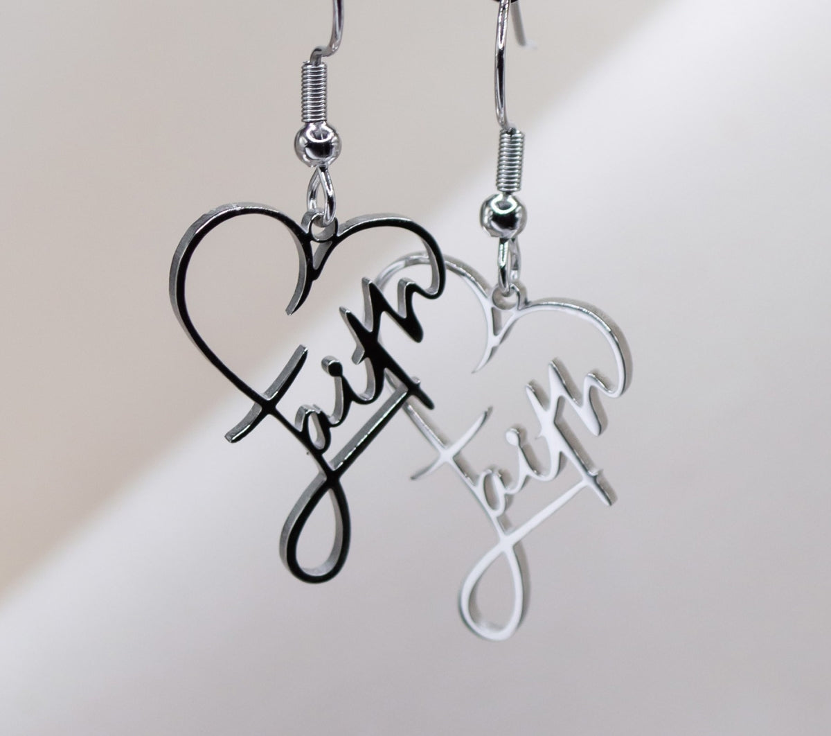 Scripted Earrings, Stainless Steel: Silver Faith Hearts