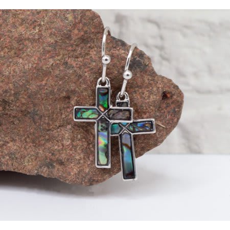 Earrings: Abalone Silver Crosses, Rhodium Plating (Sea To Sky Collection)