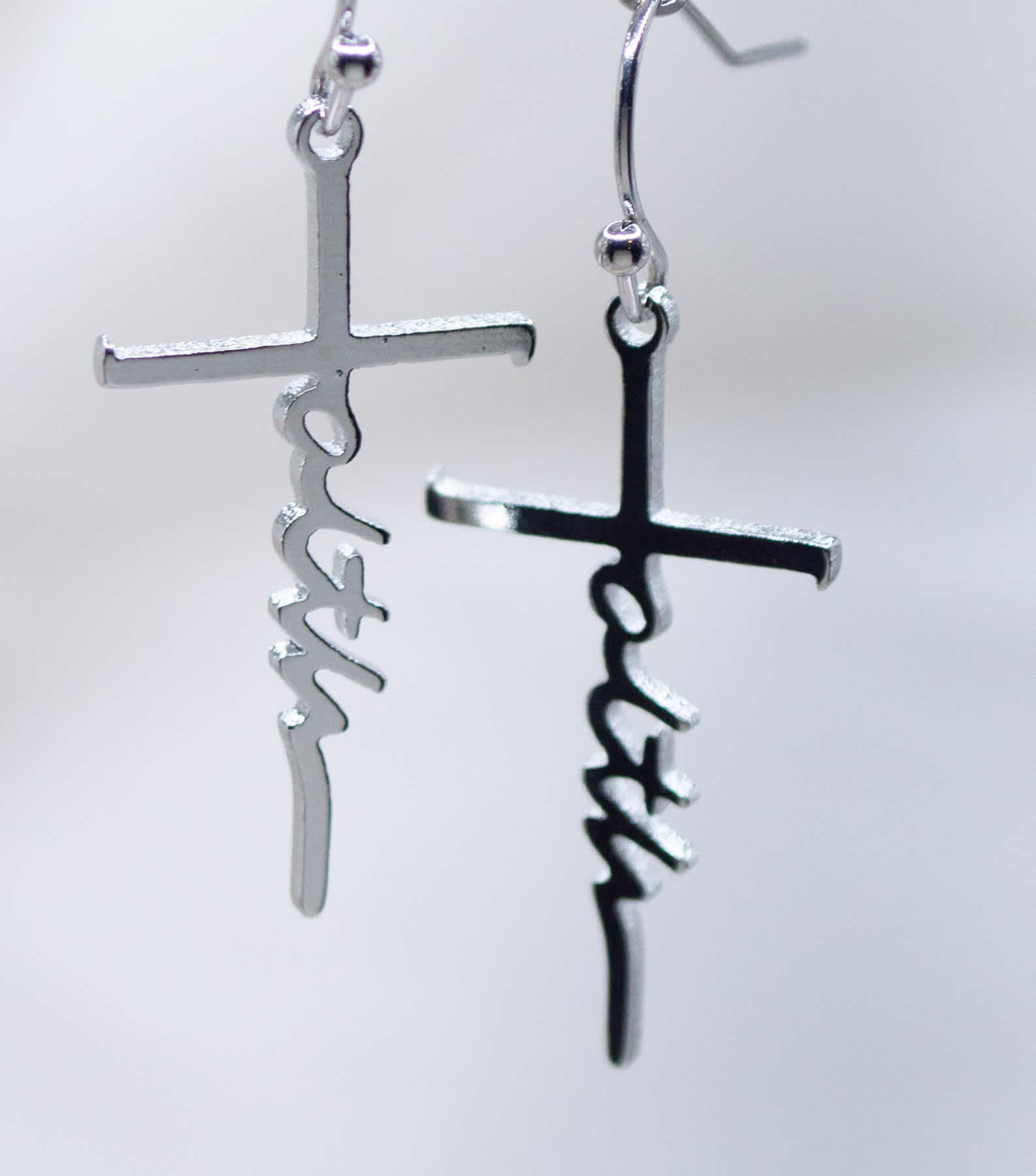 Scripted Earrings, Stainless Steel: Silver Faith Crosses