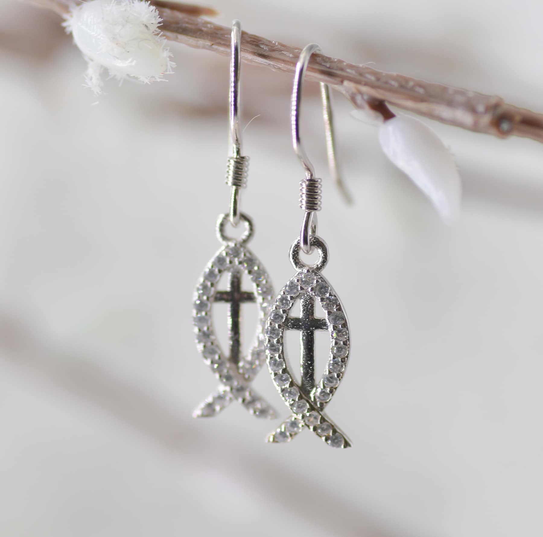 Earrings: Ichthus/Cross, Sterling Silver accented with Austrian Crystals Fish Hook Back