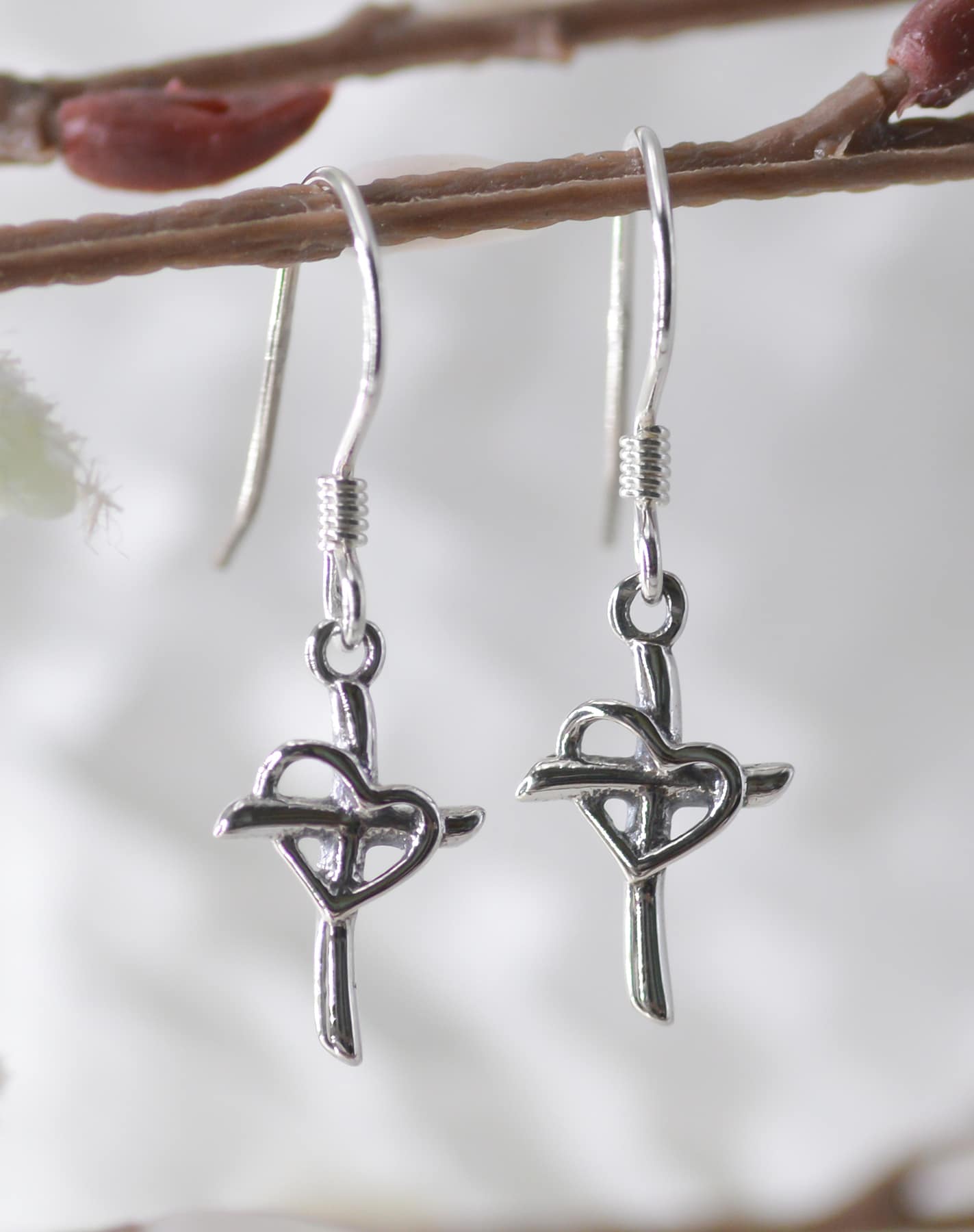 Earrings: Cross/Heart, Sterling Silver Fish Hook Back