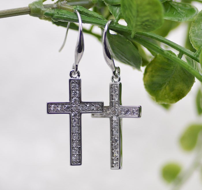 Earrings: Silver Cross French Hook, Brass Base with Rhodium plating and Silver overlays, Cubic Zirconia Accents, Clasp Closure