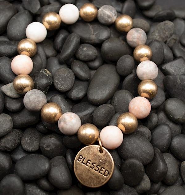 Story Stretch Bracelet: Blessed, Semi-Precious Stone Beads With 18K Gold Plated Charm