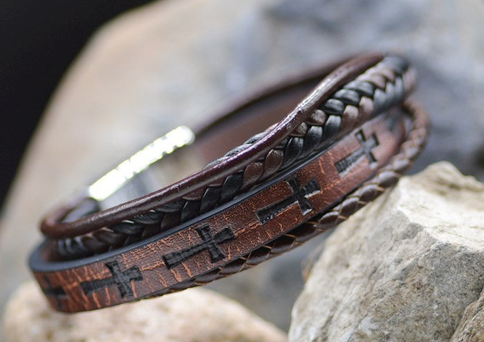 Bracelet : Just for Him Cross Leather Stamped, Leather, Stainless Steel, Magnetic Closure