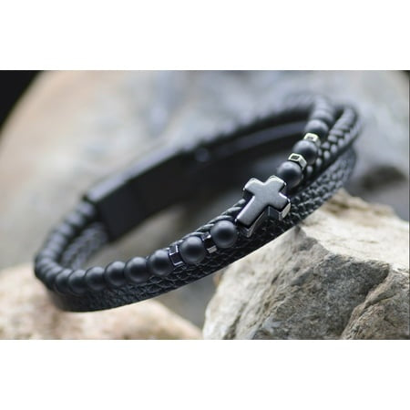 Bracelet: Just for Him Cross Leather Black Beaded, Leather, Semi Precious Stones, Stainless Steel, Magnetic Closure