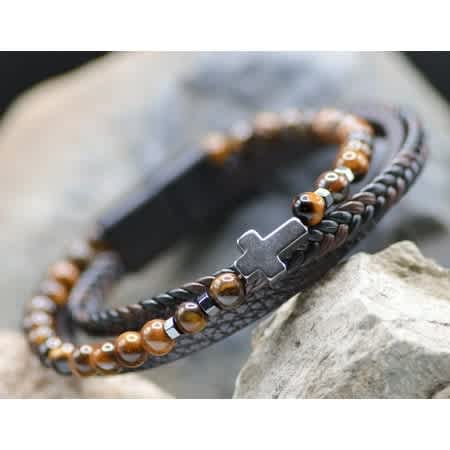 Bracelet: Just for Him Cross Leather Brown Beaded, Leather, Semi Precious Stones, Stainless Steel, Magnetic Closure