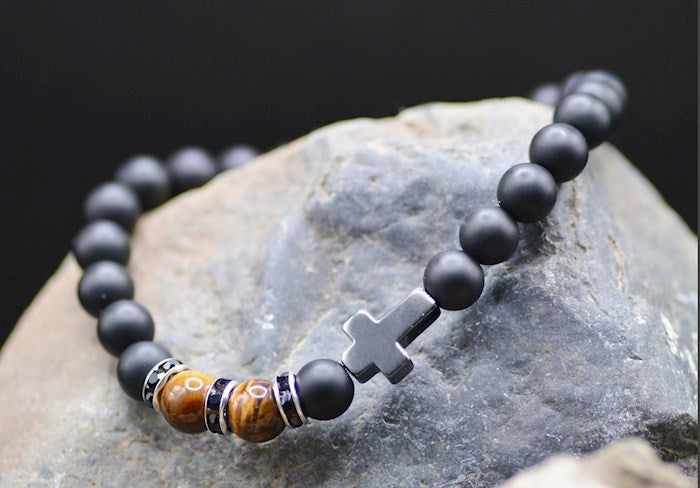 Bracelet: Just for Him Cross Black Bead/Tiger Eye, Semi Precious Stones, Stretchable