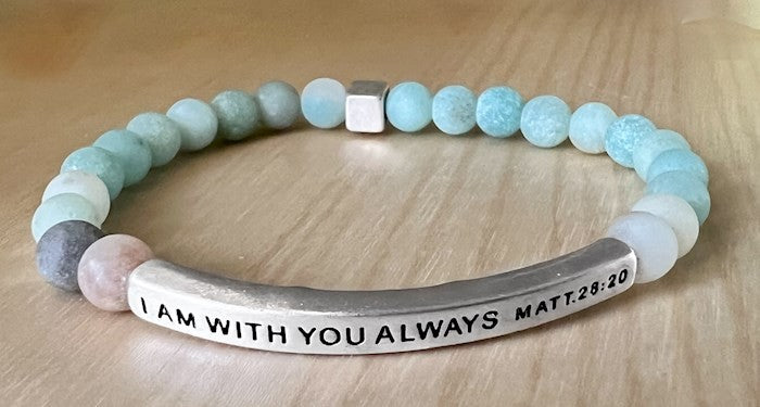 Bracelet: I Am With You Always, Semi-Precious Natural Stones, Accent Piece with Brass base and Silver Overlay. Stretchable